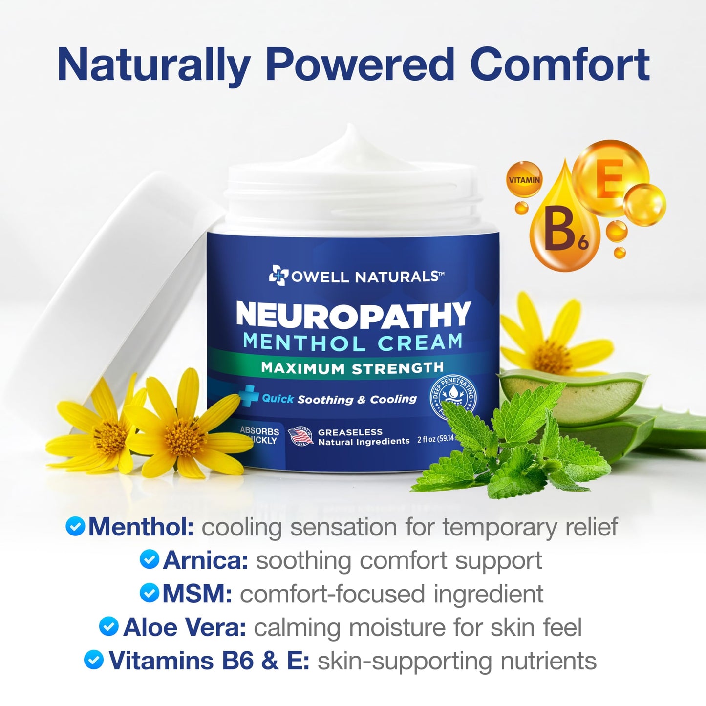 Owell Naturals Neuropathy Cream Extra Strength – Fast Absorbing Cooling for Leg, Feet & Hands – Advanced Soothing Formula with Aloe Vera, Arnica, MSM & Vitamin B6 – Made in USA, 2 fl oz