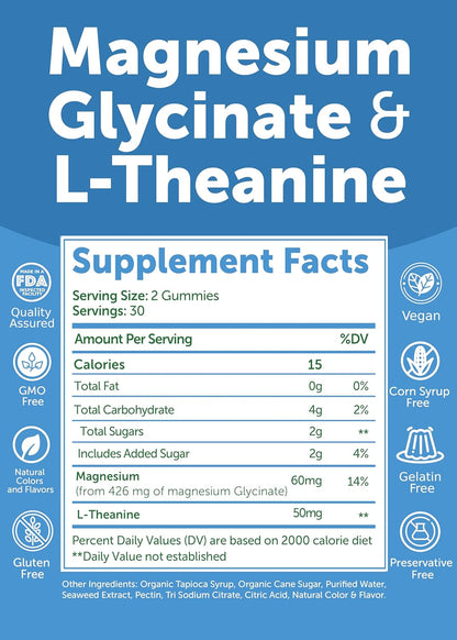 Lunakai USA Made Magnesium Glycinate Gummies with L-Theanine for Kids & Adults – 420mg Magnesium Supplement for Calm, Sleep & Stress Support, 60ct