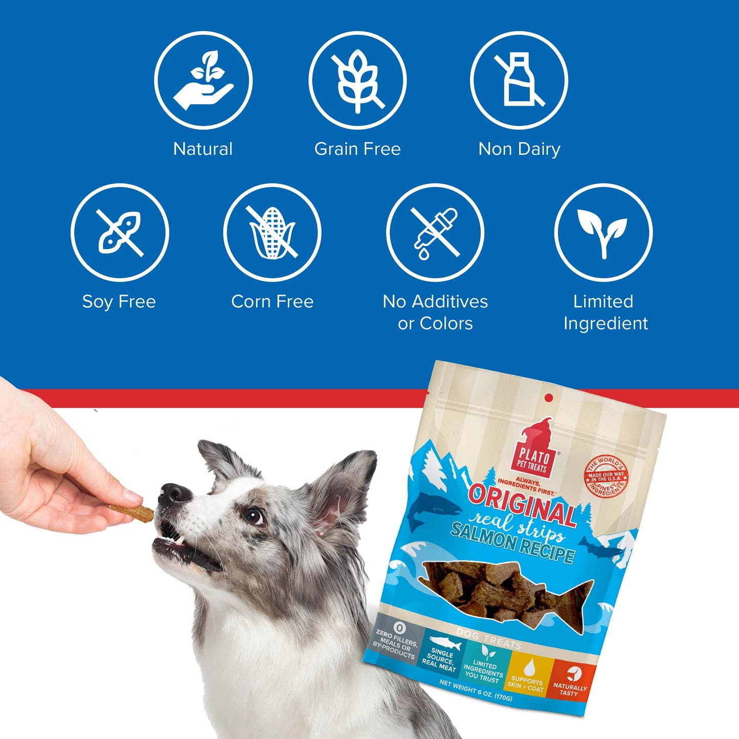 Plato Real Strips Salmon Recipe Dog Treats, Air-Dried High-Protein Soft Strips, Omega-Rich Skin & Coat Support, 18 oz