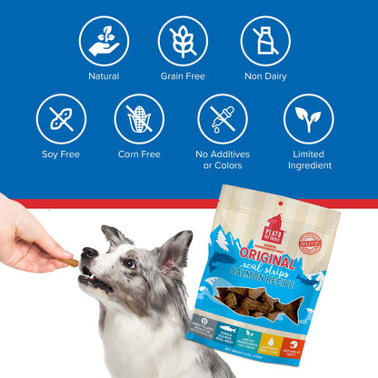 Plato Real Strips Salmon Recipe Dog Treats, Air-Dried High-Protein Soft Strips, Omega-Rich Skin & Coat Support, 18 oz