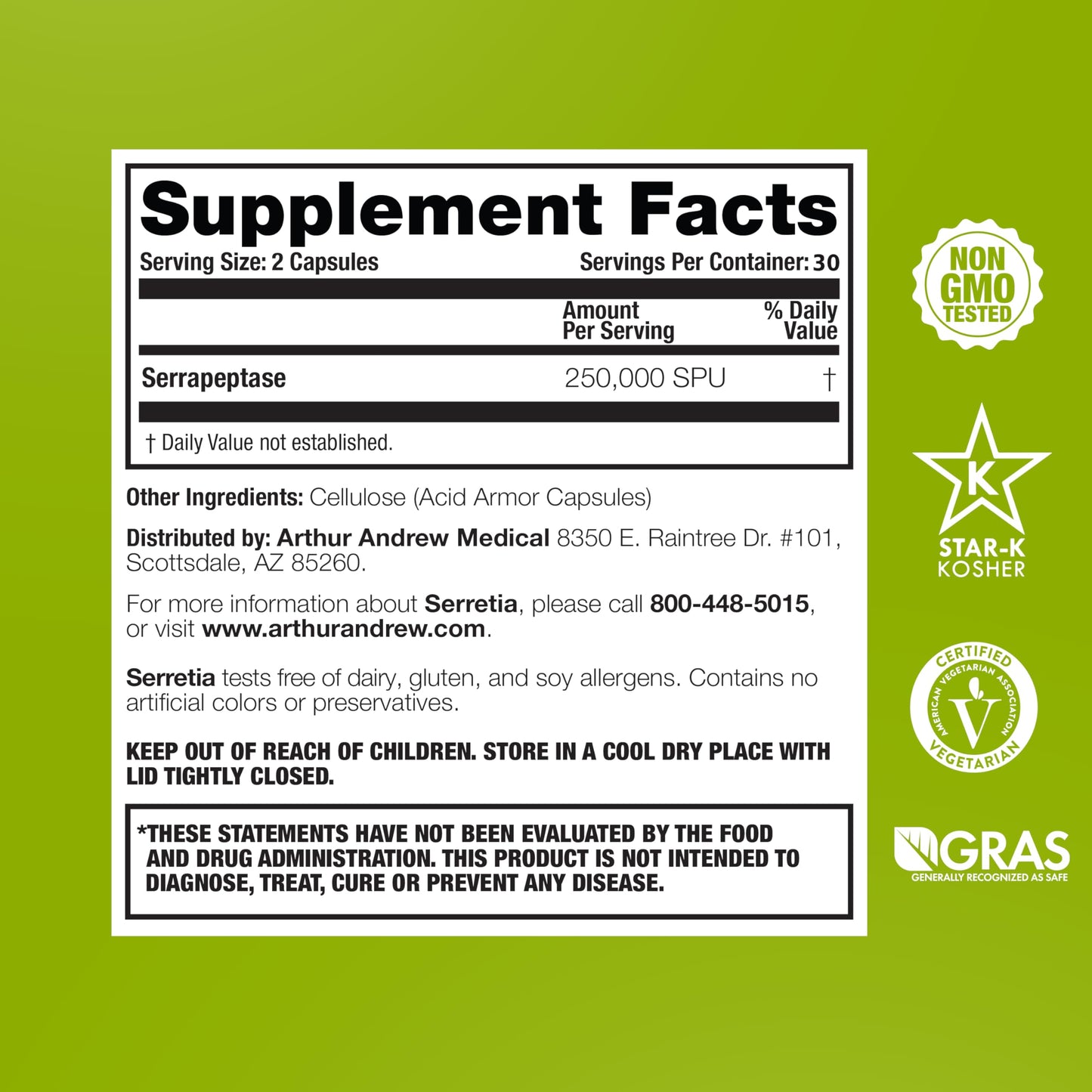 Arthur Andrew Medical, Serretia, Pure Serrapeptase Enzyme, 30 Capsules | Pure Serrapeptase Enzyme (250,000 SPU) In Acid Armor Capsules For Muscle Soreness, Recovery, & Sinus Support