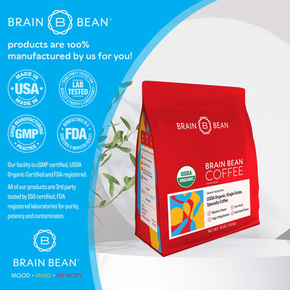 Brain Bean Organic Coffee – USDA Certified Organic Whole Bean Medium Roast – Premium Specialty Coffee – Fresh Roasted for Rich Aroma & Smooth Balanced Flavor – 16 oz