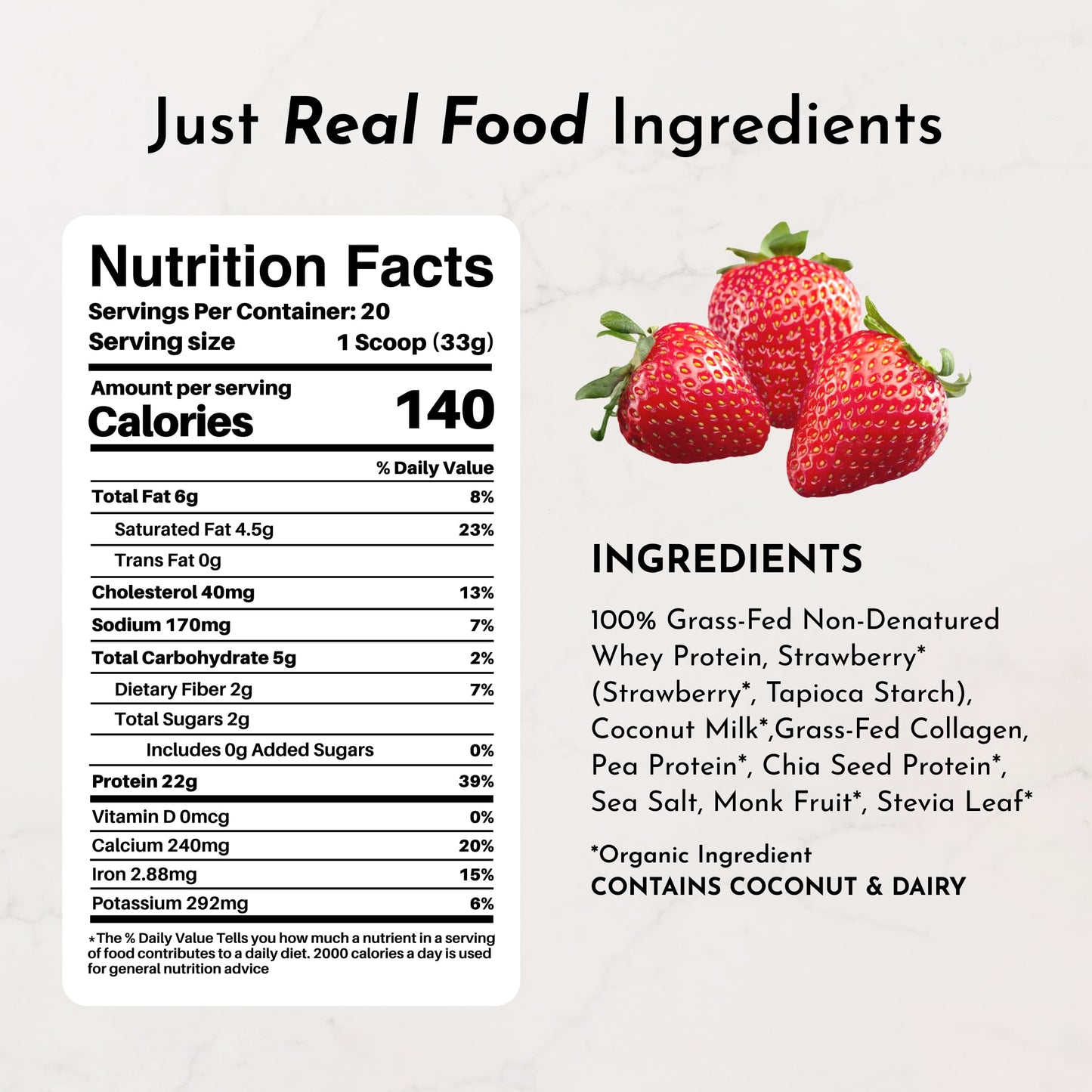 JUST INGREDIENTS Vanilla Bean Protein Powder – 20-Serving Blend with 100% Grass-Fed Whey & Organic Plant Proteins – Real Vanilla Bean & Cinnamon – Supports Muscle Recovery, Energy*