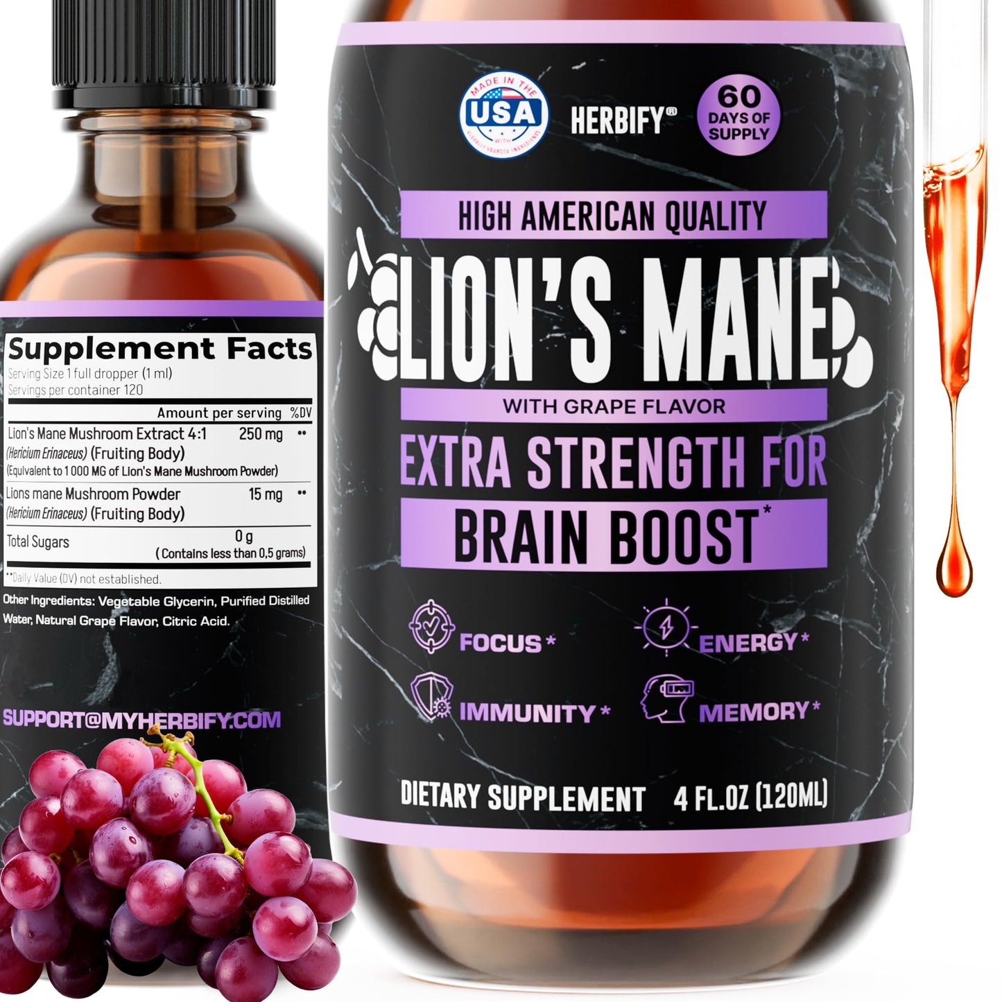 HERBIFY Lions Mane Supplement - Daily Mushroom Supplement for Memory, Focus & Clarity - Brain Booster - Lions Mane Tincture for Immune Support - 4 Fl oz