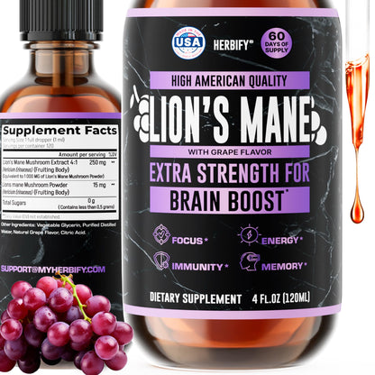 HERBIFY Lions Mane Supplement - Daily Mushroom Supplement for Memory, Focus & Clarity - Brain Booster - Lions Mane Tincture for Immune Support - 4 Fl oz