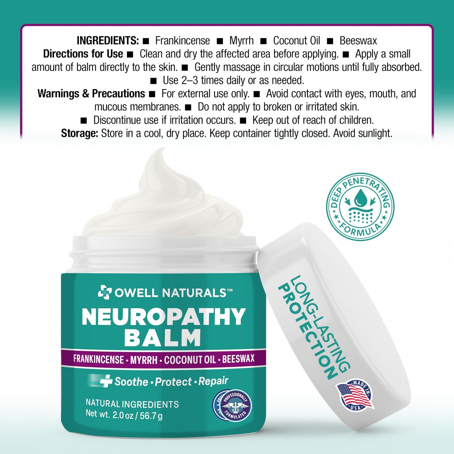 Owell Naturals Neuropathy Cream Extra Strength – Fast Absorbing Cooling for Leg, Feet & Hands – Advanced Soothing Formula with Aloe Vera, Arnica, MSM & Vitamin B6 – Made in USA, 2 fl oz