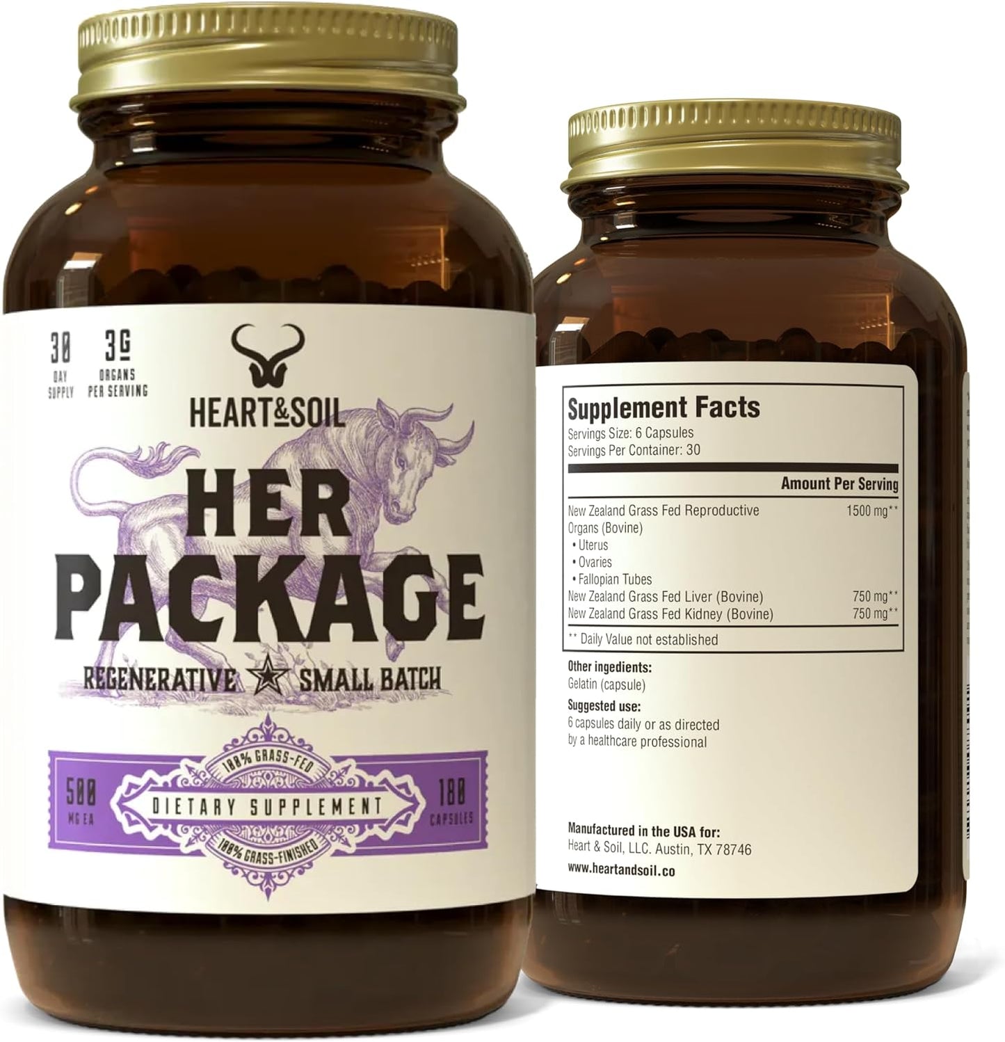 HEART & SOIL Her Package Supplement, 180 Capsules | 100% grass fed & finished ovary, uterus, liver & kidney. Helps maintain hormone balance & reproductive wellness.
