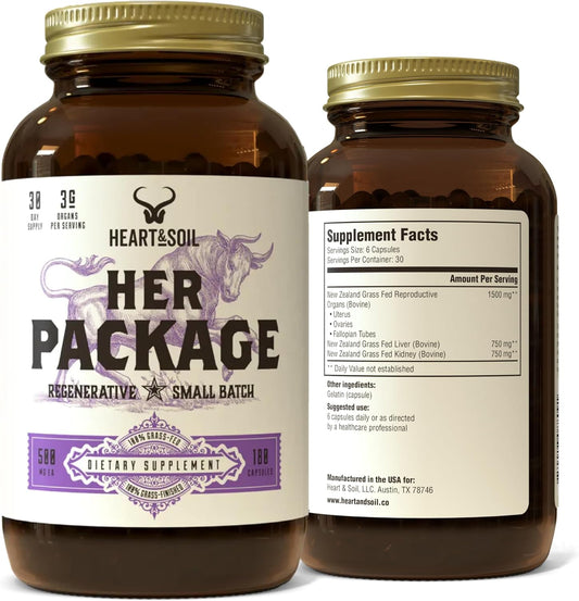 HEART & SOIL Her Package Supplement, 180 Capsules | 100% grass fed & finished ovary, uterus, liver & kidney. Helps maintain hormone balance & reproductive wellness.