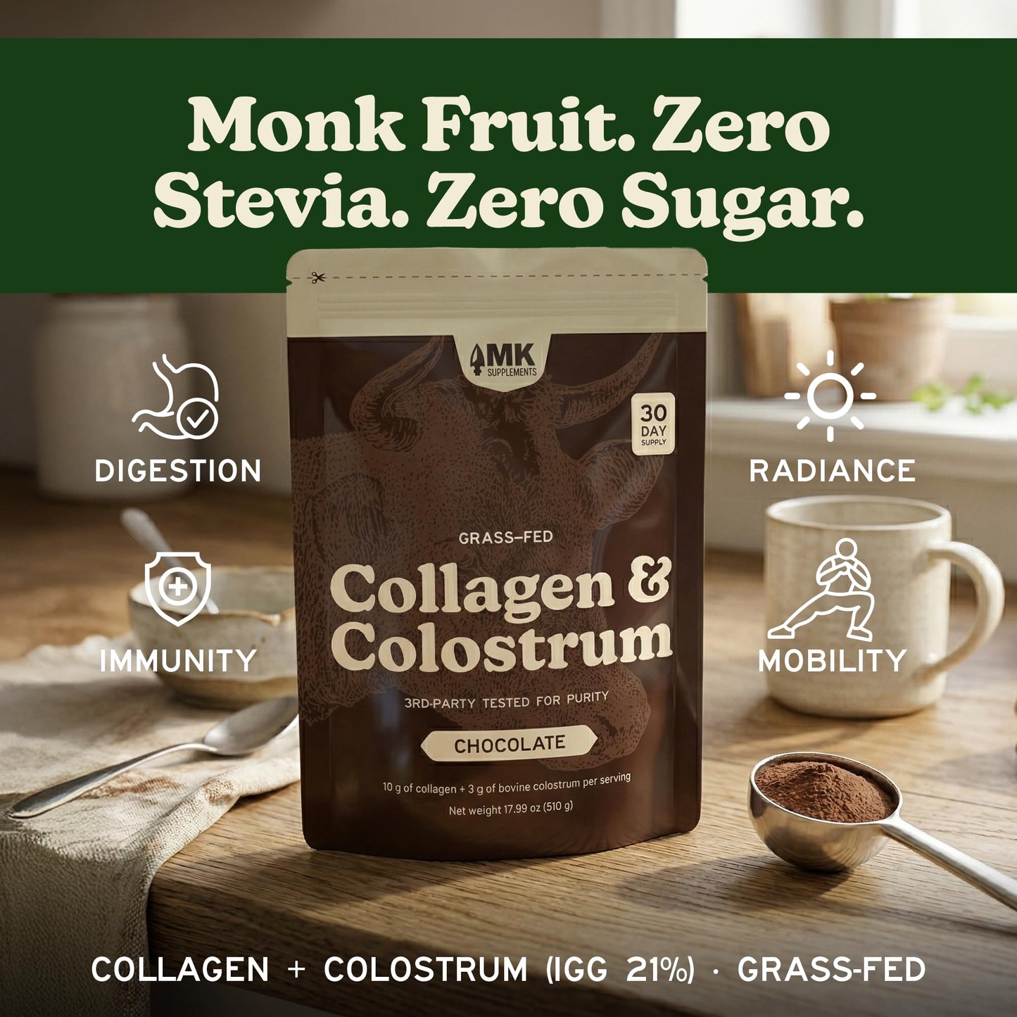MK Supplements Grass-Fed Collagen & Colostrum Powder, Unflavored, IgG 21% | Collagen Types I & II plus Bone Peptides and Whole-Food Calcium Matrix, New Zealand Raised