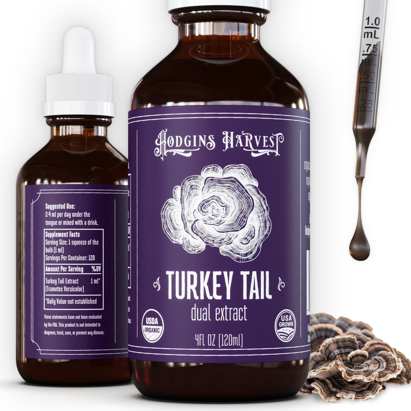 Hodgins Harvest Organic Lion's Mane Fruiting Body Extract Tincture - Mushroom Supplement for Brain Health and Mental Focus - Dual Extract Formula - Extra Concentrated - 4 fl oz Bottle