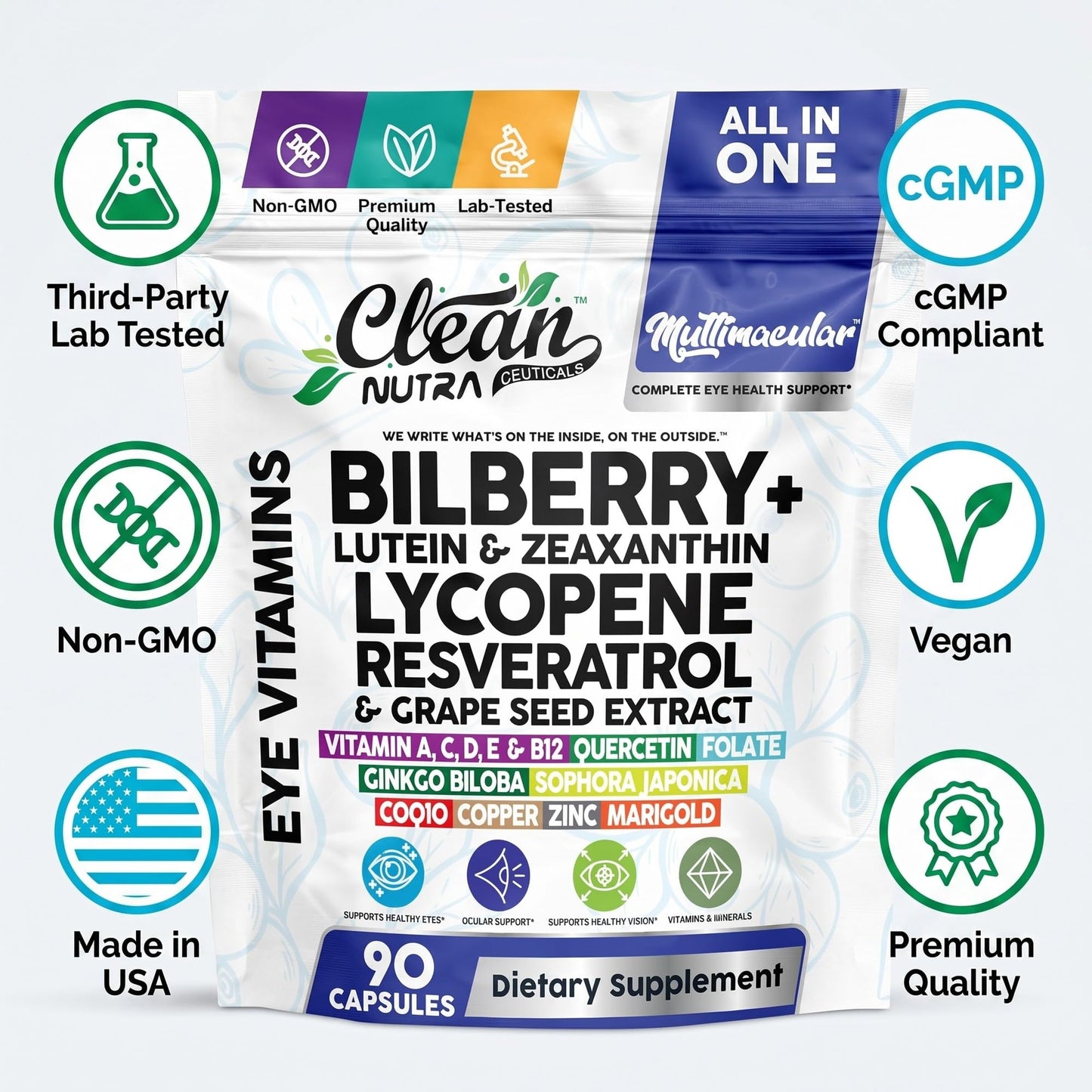 Clean Nutra Eye Vitamins with Bilberry Lutein and Zeaxanthin Supplements Lycopene 40mg Resveratrol Grape Seed Astaxanthin for Eyes - Eye Care Health Support Eye Vitamin and Mineral Supplement