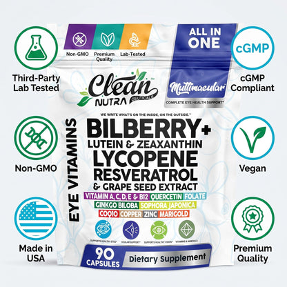 Clean Nutra Eye Vitamins with Bilberry Lutein and Zeaxanthin Supplements Lycopene 40mg Resveratrol Grape Seed Astaxanthin for Eyes - Eye Care Health Support Eye Vitamin and Mineral Supplement