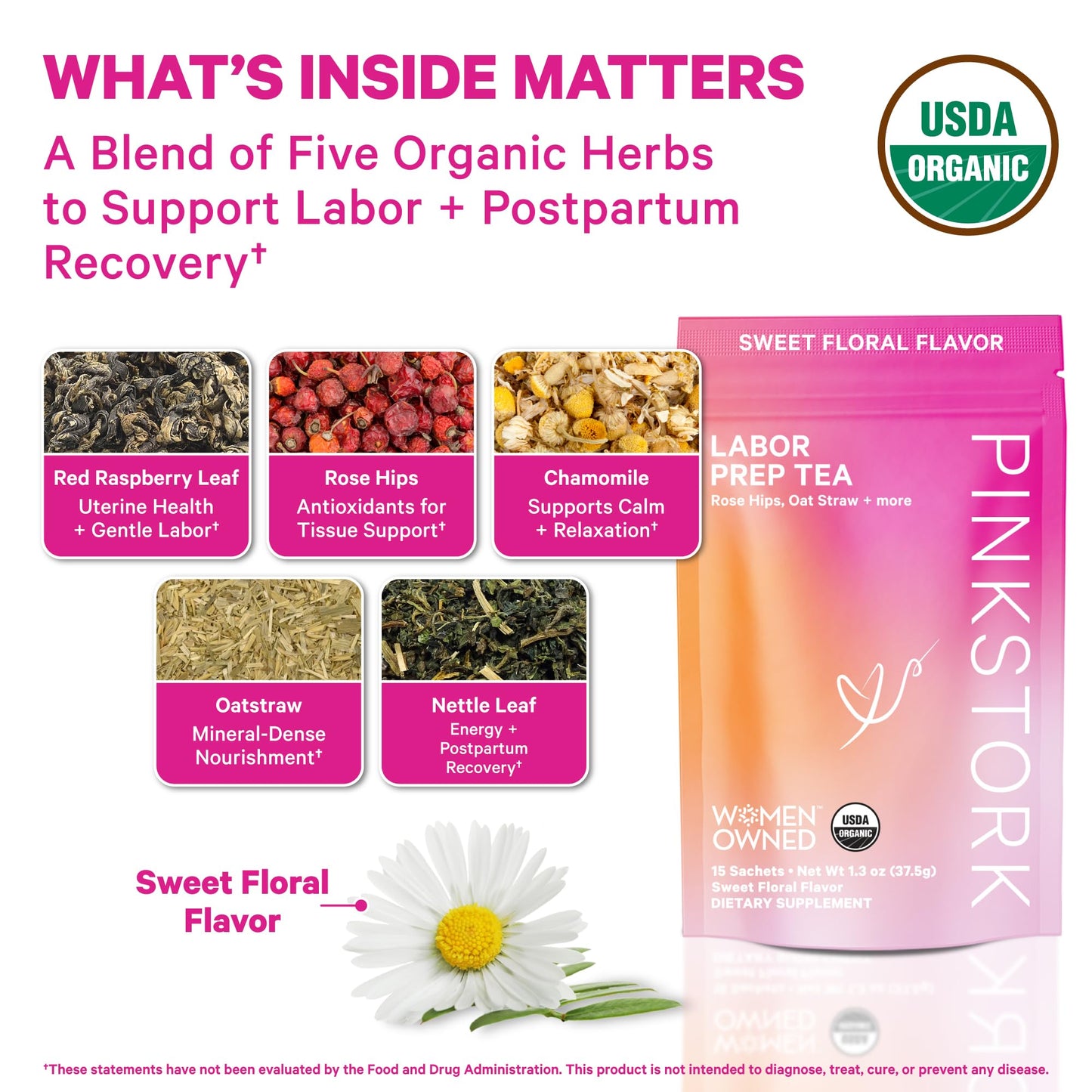 Pink Stork Organic Labor Prep Tea, Sweet Floral Flavor, 30 Cups | Red Raspberry Leadf, Chamomile + Rosehip, Caffeine-Free, Third Trimester Pregnancy, 15 Sachets