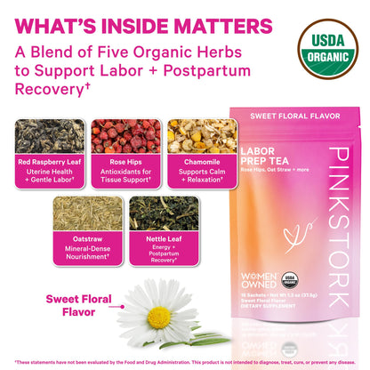 Pink Stork Organic Labor Prep Tea, Sweet Floral Flavor, 30 Cups | Red Raspberry Leadf, Chamomile + Rosehip, Caffeine-Free, Third Trimester Pregnancy, 15 Sachets
