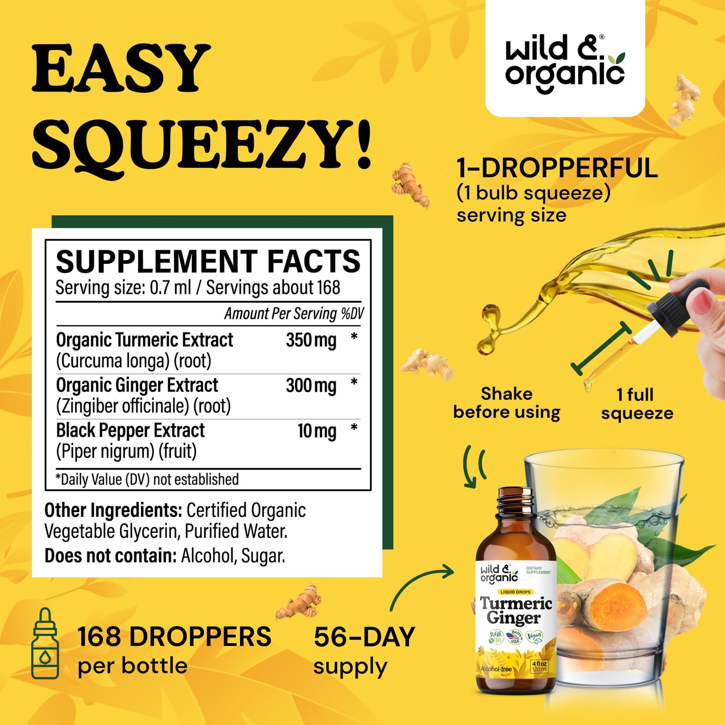 Wild & Organic Turmeric and Ginger Supplement - Movement & Immune Support - Liquid Turmeric Curcumin with Black Pepper and Ginger - Add to Tea Drops - Vegan, Sugar & Alcohol-Free Tincture - 4 oz