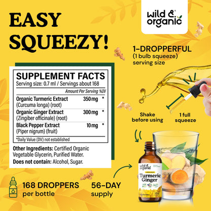 Wild & Organic Turmeric and Ginger Supplement - Movement & Immune Support - Liquid Turmeric Curcumin with Black Pepper and Ginger - Add to Tea Drops - Vegan, Sugar & Alcohol-Free Tincture - 4 oz