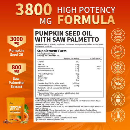 VivoNu Pumpkin Seed Oil with Saw Palmetto Capsules,3800mg 300 Softgels | Cold Pressed,Pure Virgin Oil,Essential Fatty Acids&Phytosterols | Supports Hair,Urinary,Bladder&Prostate Health|Non-GMO