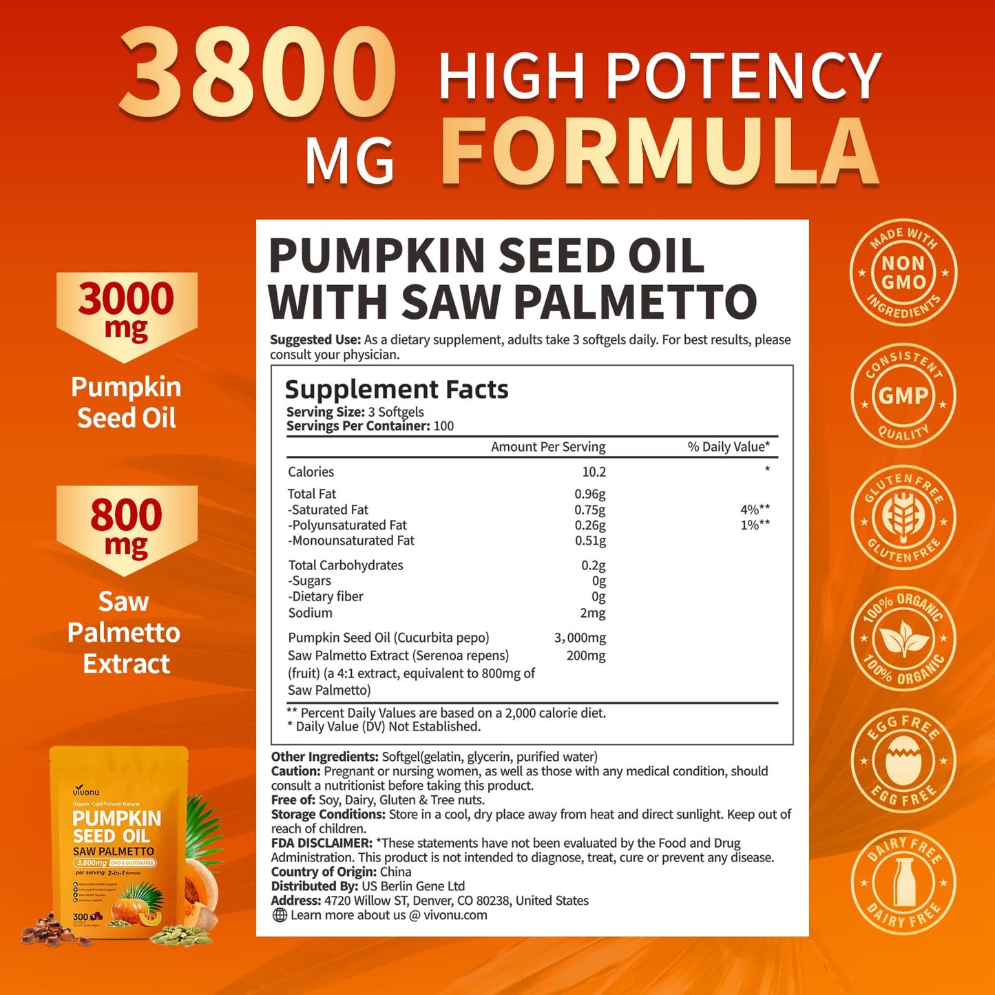 VivoNu Pumpkin Seed Oil with Saw Palmetto Capsules,3800mg 300 Softgels | Cold Pressed,Pure Virgin Oil,Essential Fatty Acids&Phytosterols | Supports Hair,Urinary,Bladder&Prostate Health|Non-GMO