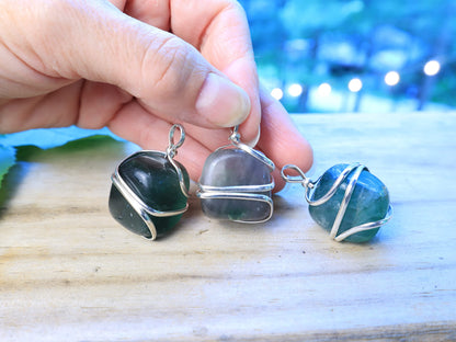 Shelf and Stone Rainbow Fluorite Wire Wrapped Pendant - Dark Hued Fluorite Crystal Necklace