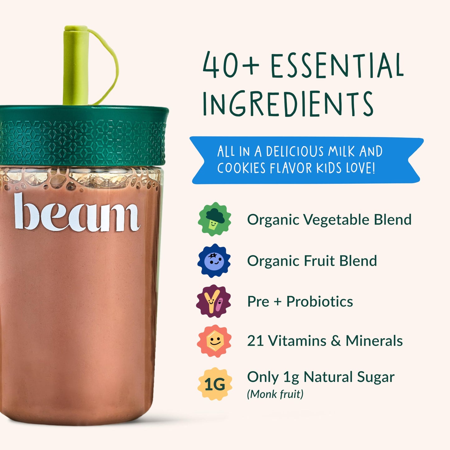 BEAM Kids Multivitamin Powder – Kids Vitamins with Greens, Probiotic & Prebiotic, Immune Support for Children & Toddlers, No Artificial Sweeteners, for Picky Eaters, 20 Servings, Chocolate Flavor
