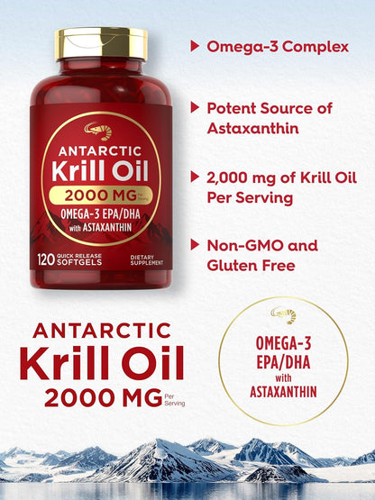Carlyle Antarctic Krill Oil 2000mg | 120 Softgels | Maximum Strength | Omega-3 EPA, DHA, with Astaxanthin | Supplement Sourced from Red Krill | Laboratory Tested | Non-GMO and Gluten Free