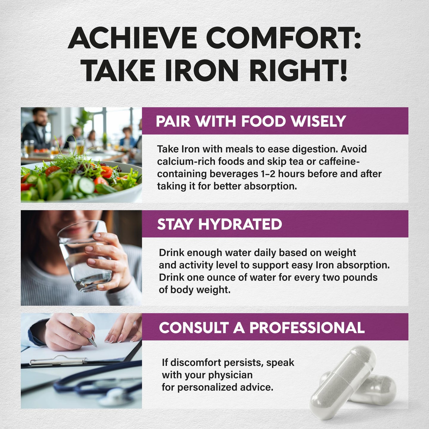Iron Supplement for Women - Iron 65mg (Ferrous Sulfate 325mg) - Stomach Friendly | Slow Release | High Absorption - Vitamins C, D3, B6, B12 & Folate - Energy Support - 60 Capsules, 2 Month Supply