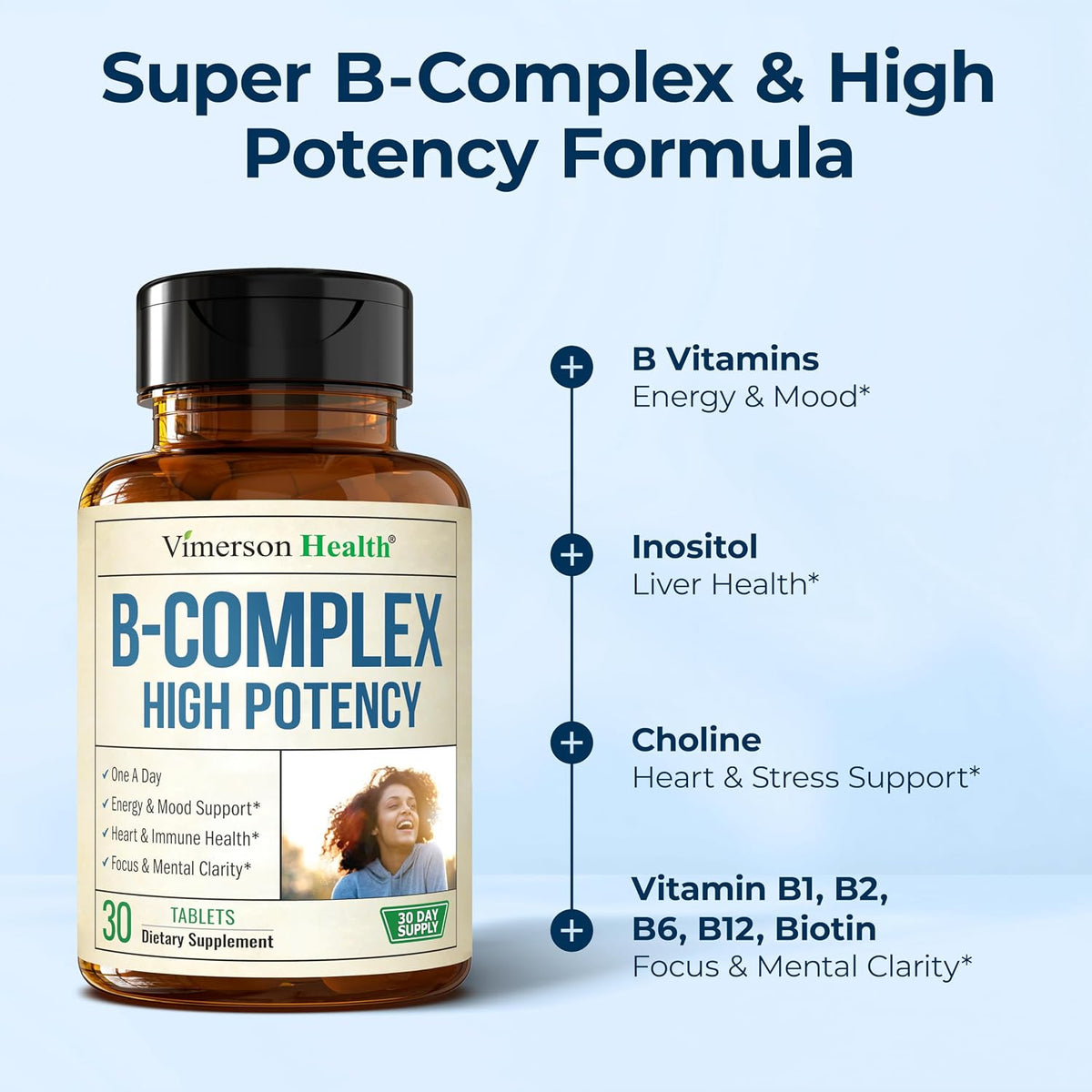 Vitamin B Complex w/ B12, Niacin & Folic Acid 400mcg for Mood - 30 Tablets
