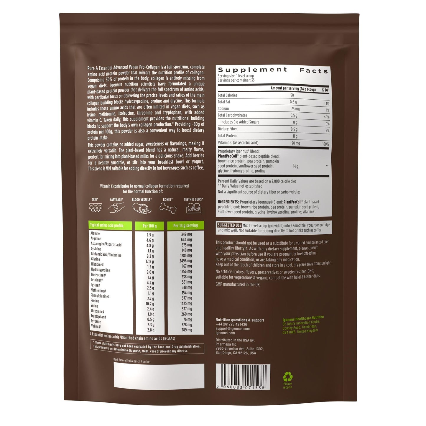 Igennus Vegan Collagen Peptide Powder, Enhanced with Glycine, Proline & Hydroxyproline & Cofactor Vitamin C, Non GMO, Complete Vegetarian Plant Based Collagen Powder Booster, 35 Servings