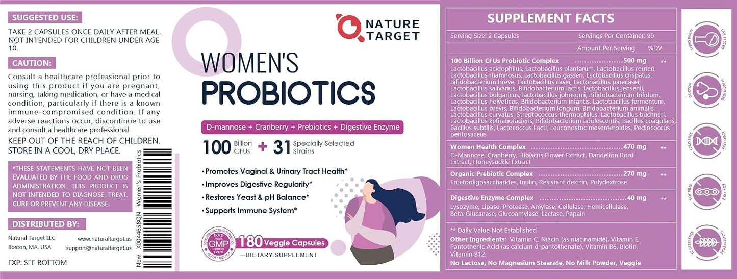 NATURE TARGET Women's Probiotic, 100 Billion CFU, 31 Strains, 90 Servings | With Prebiotic And Enzymes For Digestive Health,Cranberry, D-Mannose Support Urinary Tract & Vaginal Wellness, Shelf-Stable