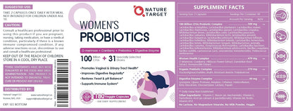 NATURE TARGET Women's Probiotic, 100 Billion CFU, 31 Strains, 90 Servings | With Prebiotic And Enzymes For Digestive Health,Cranberry, D-Mannose Support Urinary Tract & Vaginal Wellness, Shelf-Stable