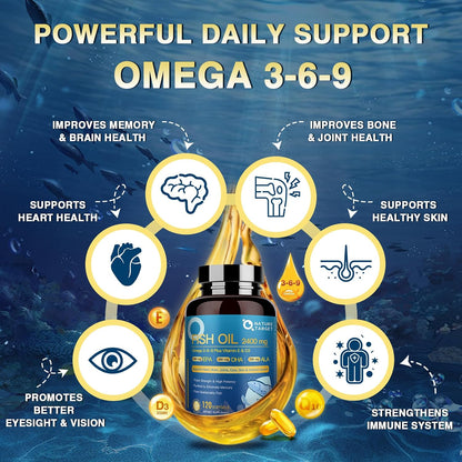 NATURE TARGET Triple Omega 3 6 9 Fish Oil 2400mg, 120Softgels | Vitamin D3 & E, EPA & DHA & ALA, Supports Heart, Brain, Joint & Immune Health, Sustainably Sourced, Non-GMO