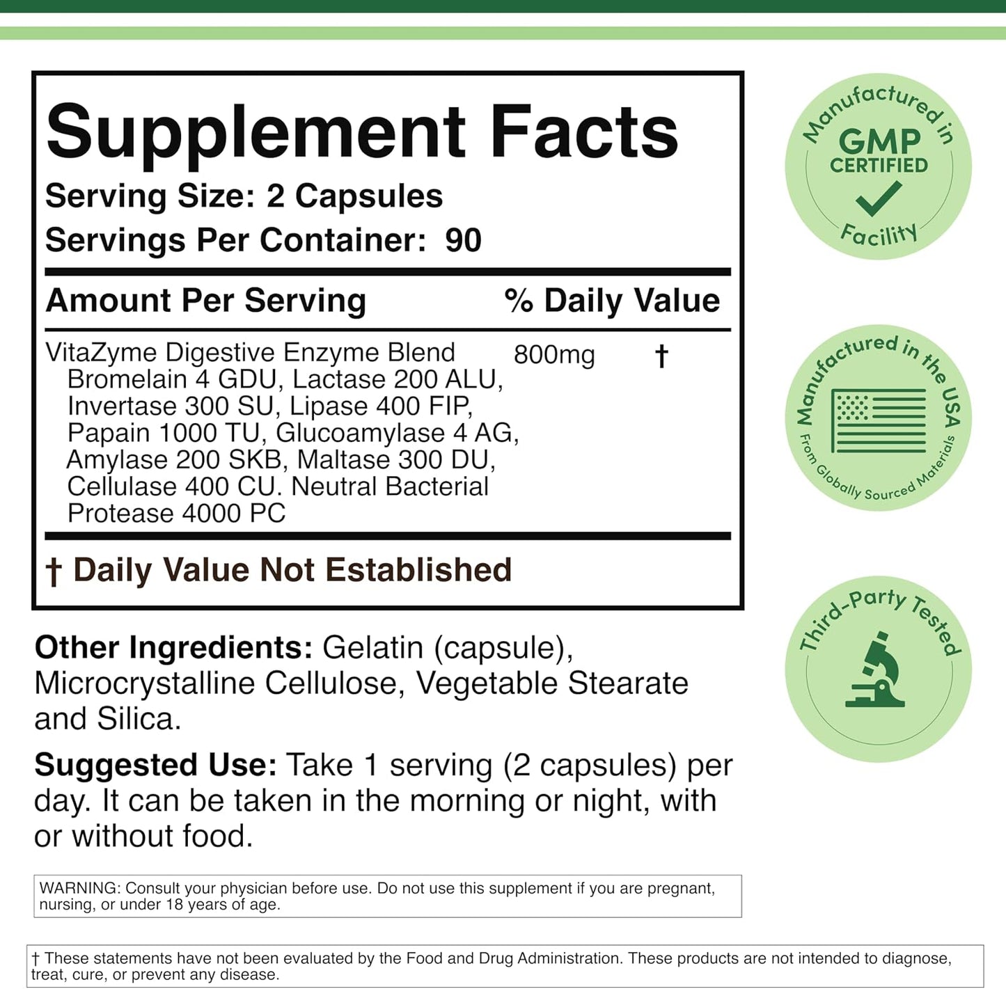 Digestive Enzymes - 800mg Blend of All 10 Most Essential Digestive and Pancreatic Enzymes (Amylase, Lipase, Bromelain, Lactase, Papain, Protease, Cellulase, Maltase, Invertase) by Double Wood