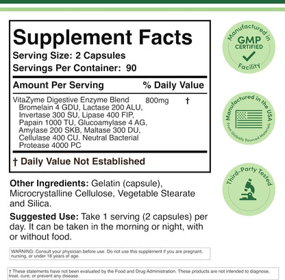 Digestive Enzymes - 800mg Blend of All 10 Most Essential Digestive and Pancreatic Enzymes (Amylase, Lipase, Bromelain, Lactase, Papain, Protease, Cellulase, Maltase, Invertase) by Double Wood
