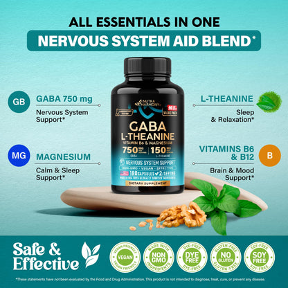 GABA L-Theanine 900 mg - Magnesium | Vitamin B6 - Calm, Sleep, Relaxation & Mood Support - Lab Tested - 750 mg Gamma AminoButyric Acid, 150 mg L-Theanine - Non-Habit Forming, Vegan - 120 Capsules