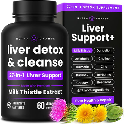 NutraChamps Liver Cleanse Detox & Repair Formula, 20+ Herbs: Milk Thistle Extract with Silymarin, Artichoke, Dandelion, Chicory Root Powder, Liver Support Pills Supplement, 60 Capsules