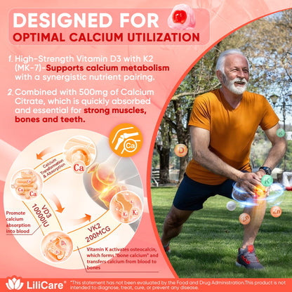 Vitamin D3 K2 Gummies 5000IU / 10,000 IU with 500mg Calcium + K2 (MK-7), Magnesium, Vitamin C & Zinc, For GLP-1 Users, Extra Strength - Ultimate Absorption for Bones, Muscles & Teeth, Vegan, 60Count