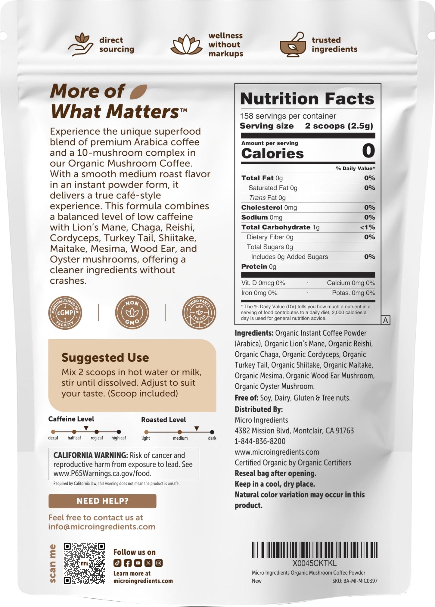 Micro Ingredients Organic Instant 10 in 1 Mushroom Coffee Powder, 28 Ounce (317 Servings) | Premium Arabica Coffee with Lion’s Mane, Chaga, Reishi & More