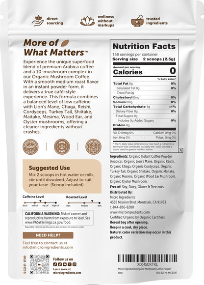 Micro Ingredients Organic Instant 10 in 1 Mushroom Coffee Powder, 28 Ounce (317 Servings) | Premium Arabica Coffee with Lion’s Mane, Chaga, Reishi & More