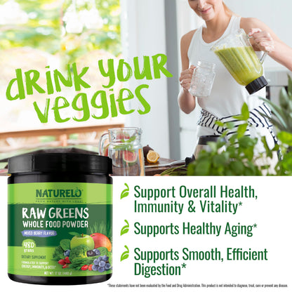 NATURELO Raw Greens Superfood Powder 480 Grams, Mixed Berry - Supports Energy, Immunity and Detox - Includes Spirulina, Wheat Grass and Organic Greens for Whole Food Nutrition