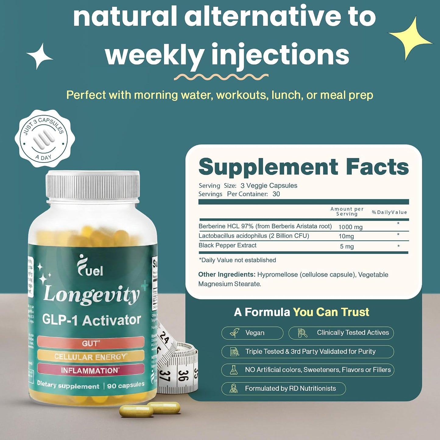 Fuel Natural Liposomal Berberine HCL Supplement – Supports Metabolism, Hunger, Hormone Balance, Energy for Women & Men - Healthy Aging and Longevity Support - Metabolic Berberine 1000mg Capsules