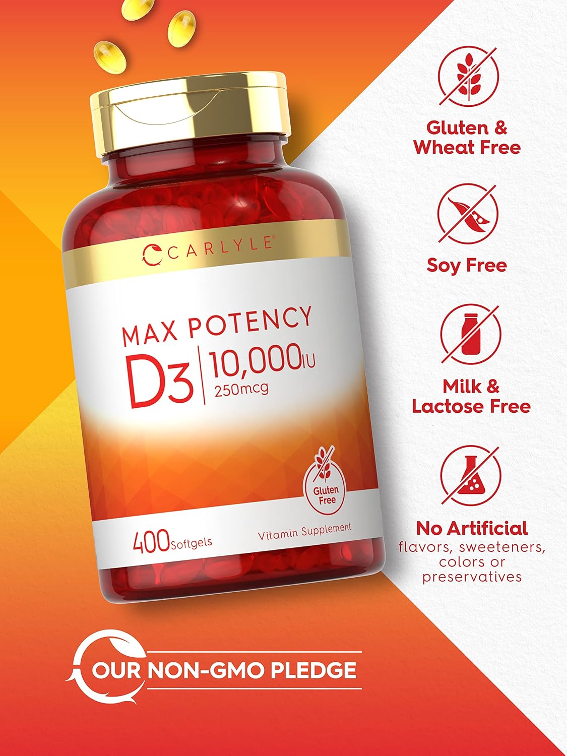 Carlyle Vitamin D3 10000 IU (250 mcg) | 400 Softgels | Value Size | Max Potency | Non-GMO, Gluten Free Supplement