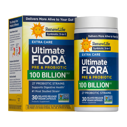 Renew Life Extra Care Digestive Probiotic 50 Billion CFU | 90 Vegetarian Capsules | Supports Digestive, Immune & Respiratory Health | Dairy, Soy and Gluten Free Supplement
