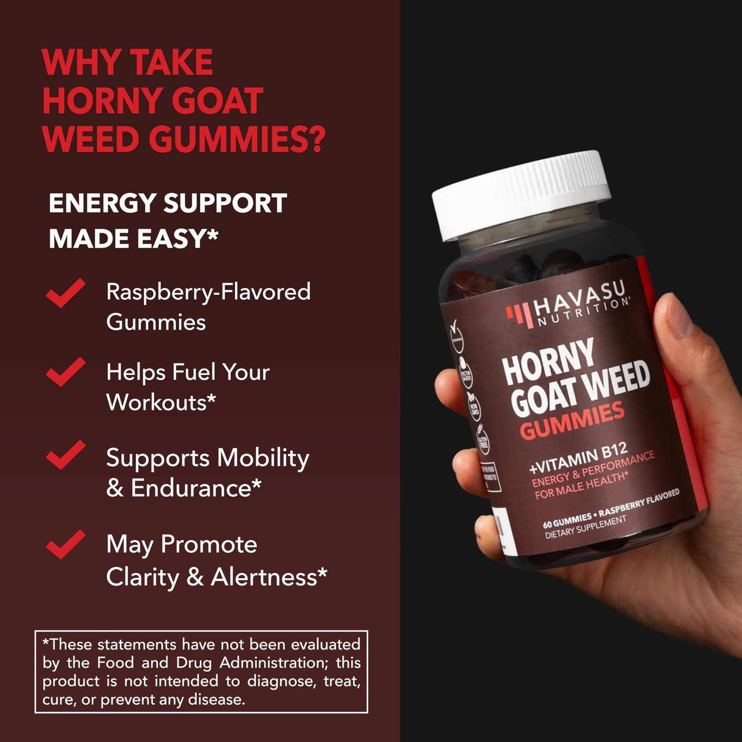 Horny Goat Weed Gummies with Vitamin B12, Raspberry Flavor, 30 Servings | Vegan, Non-GMO Horny Goat Weed Gummies to Support Drive, Vitality and Performance for Men, 60 Count, 1-Month Supply
