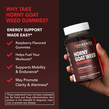 Horny Goat Weed Gummies with Vitamin B12, Raspberry Flavor, 30 Servings | Vegan, Non-GMO Horny Goat Weed Gummies to Support Drive, Vitality and Performance for Men, 60 Count, 1-Month Supply