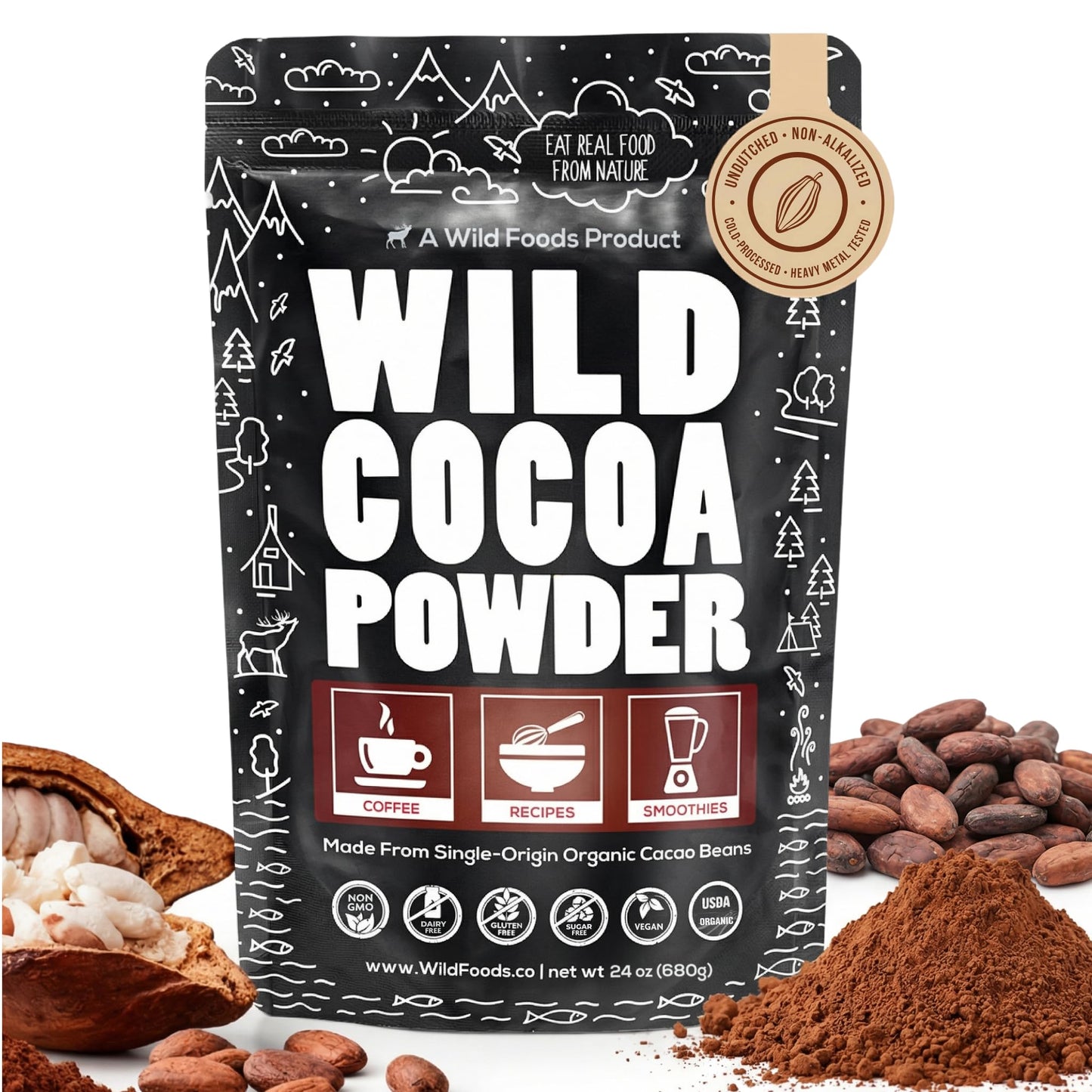 Wild Foods Organic Cocoa Powder Unsweetened for Baking & Cooking, Raw Cacao Powder, Organic Single-Origin Non-Dutched Dark Cocoa, 100% Pure, Non-GMO, Vegan Keto Superfood, Purity Tested, 12 oz