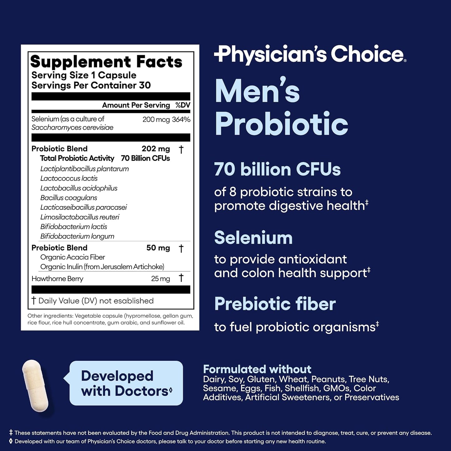 Physician's Choice Probiotics for Men - 70 Billion CFU - 8 Strains - w/Selenium & Organic Prebiotics - Supports Digestive Health, Microbiome, Colon, & Immune Health - Advanced Men's Probiotic - 30ct