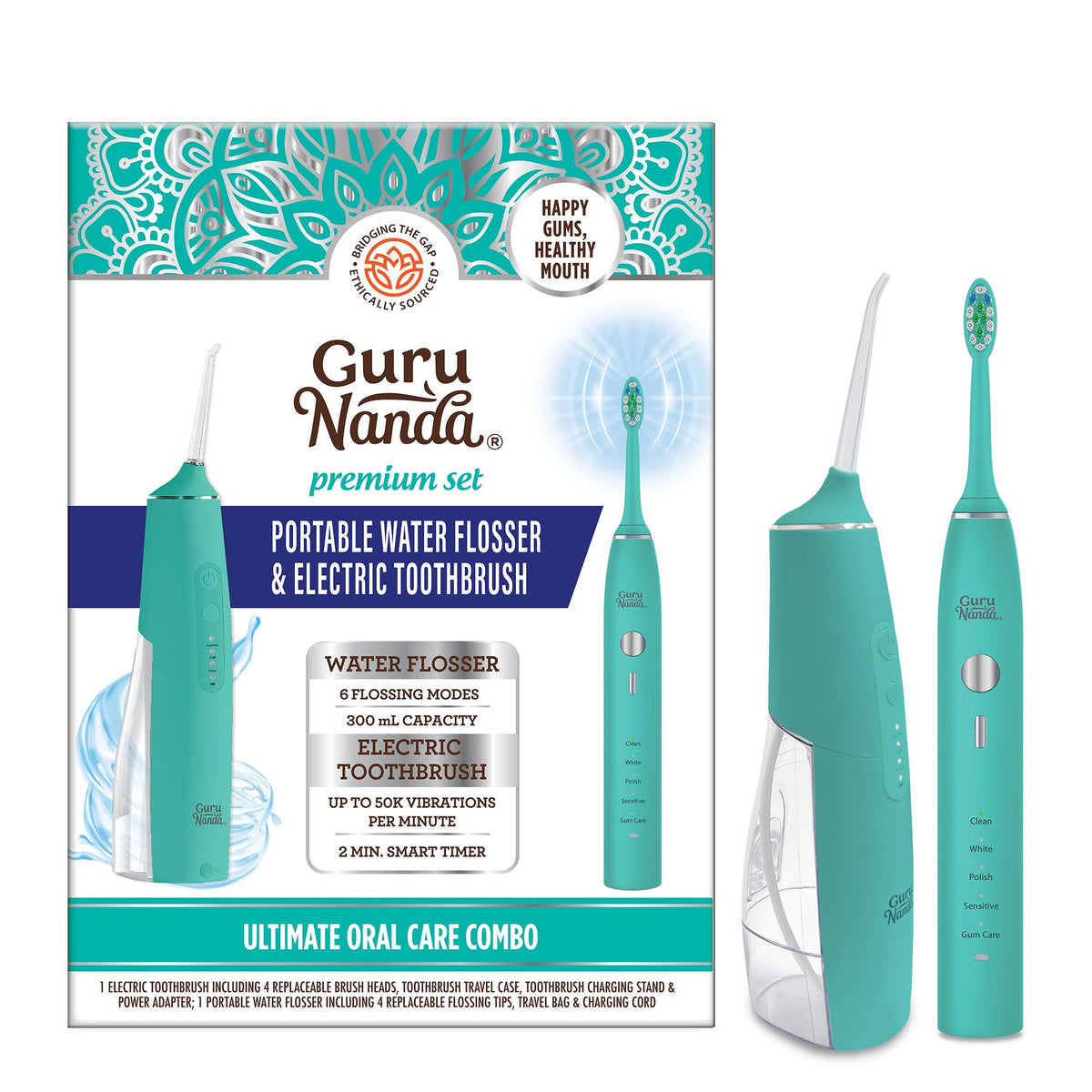 GuruNanda Lion & Lamb Kit (Teal) - Portable Water Flosser (300ml) with 4 Jet Tips & 5000