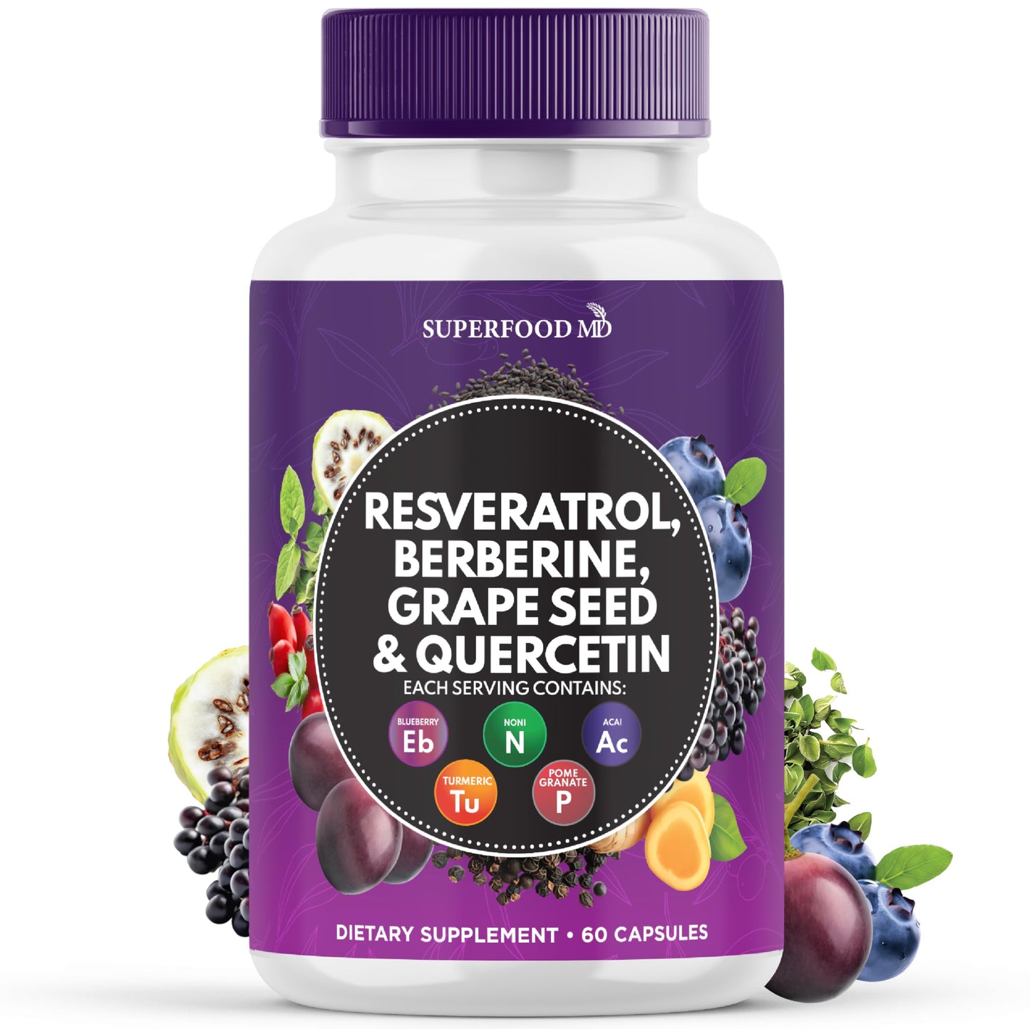 Resveratrol Berberine Grape Seed Extract Quercetin - Polyphenol Supplement with Noni Extract, N-Acetyl Cysteine, Acai Extract - Made in The USA - 120 Capsules
