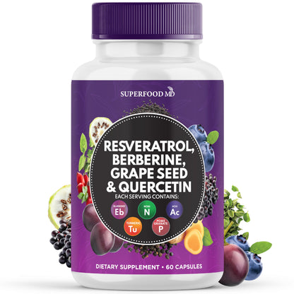 Resveratrol Berberine Grape Seed Extract Quercetin - Polyphenol Supplement with Noni Extract, N-Acetyl Cysteine, Acai Extract - Made in The USA - 120 Capsules