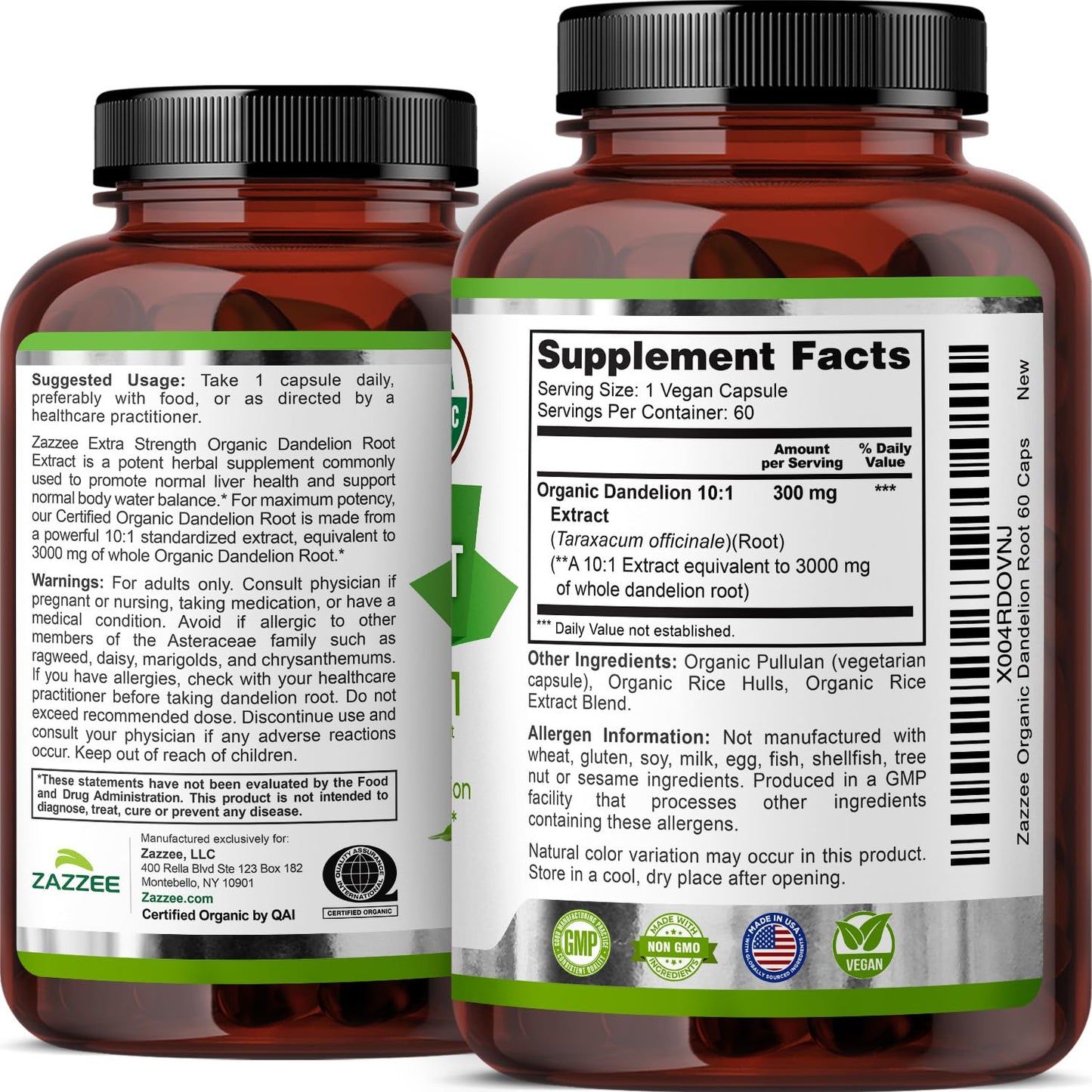 Zazzee USDA Organic Dandelion Root 10:1 Extract, 120 Capsules, 4 Month Supply, Liver & Detox Support, Taraxacum Officinale, Organic Herbal Supplement, All-Natural, Non-GMO, Made in the USA